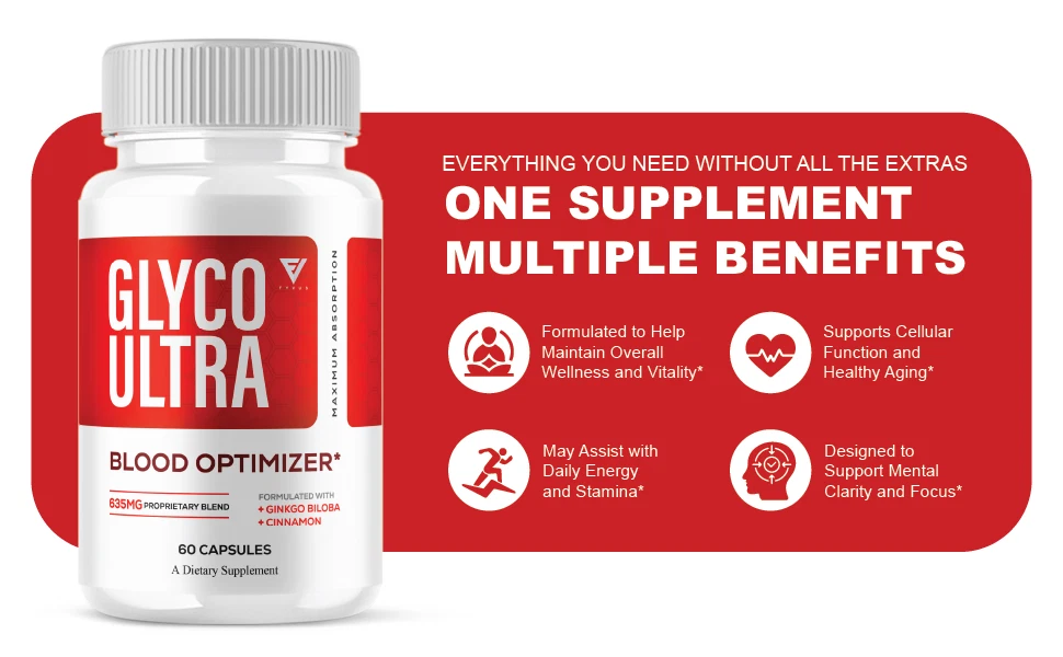 Glyco Ultra Supplement Bottle with Key Benefits — Blood Optimizer Formula